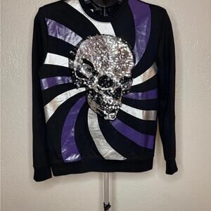 Women's Black Sweatshirt with Sequin Skull Design Size Small